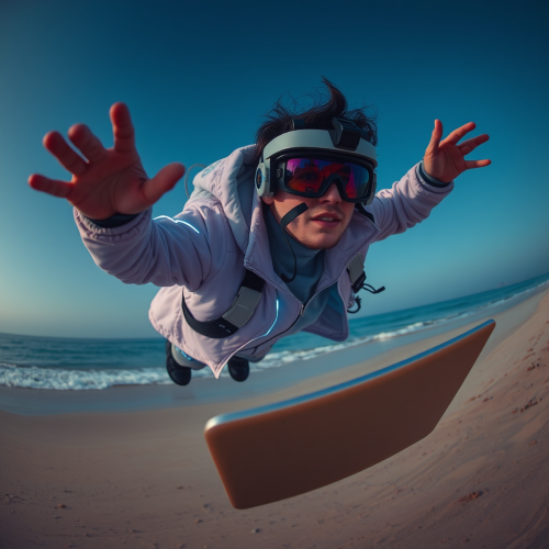 Futuristic person flying with laptop on beach.