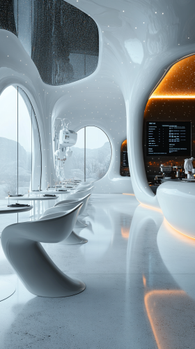 Futuristic restaurant with touchscreen menus and robotic chefs