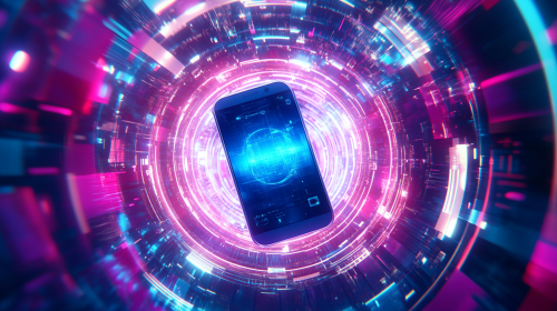 Futuristic smartphone in center of neon interface vortex