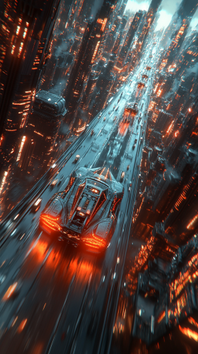 Futuristic speed spaceship in busy cyberpunk city