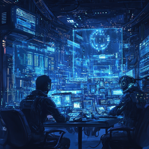 Futuristic tech industry with programmers in dark blue
