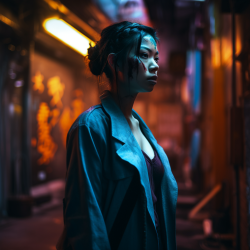 Futuristic woman in shadow with dramatic lighting