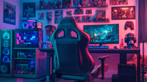 Gaming room with RGB lighting, wall filled with toys.