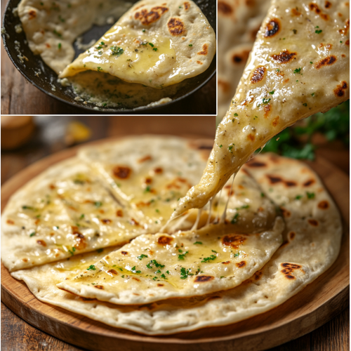 Garlic butter flatbread cooking and stacked on board