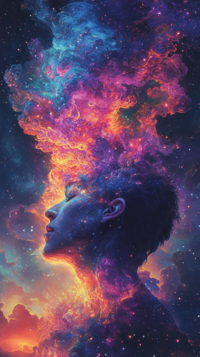 Gazing person with colorful cosmic cloud in night sky. Gazing person with colorful cosmic cloud in night sky.