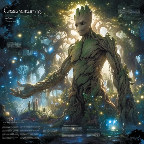 Gentle superhero Groot in enchanted forest, nurturing nature. Gentle superhero Groot in enchanted forest, nurturing nature.