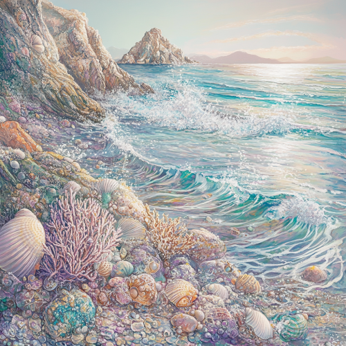 Gentle waves on rocky coast with seashells