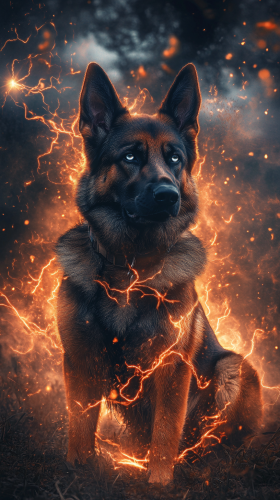 German Shepherd dog with lightning powers, metallic grey fur, blue eyes, electric arcs, stormy background - 9:16.