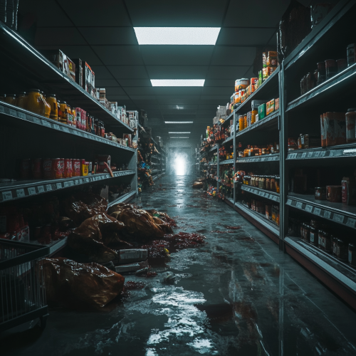Ghostly Abandoned Supermarket Aisle Haunted by Shadows