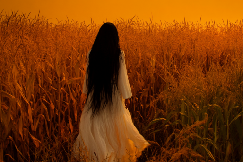Ghostly Japanese girl in white dress in cornfield
