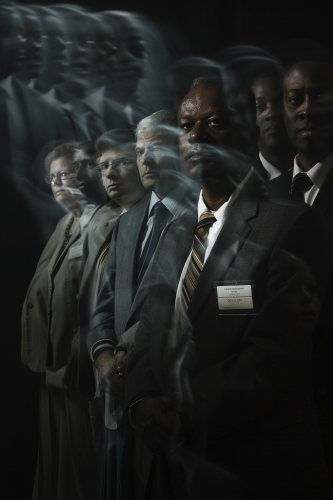 Ghostly missing employees in formal group portrait, name badges visible.