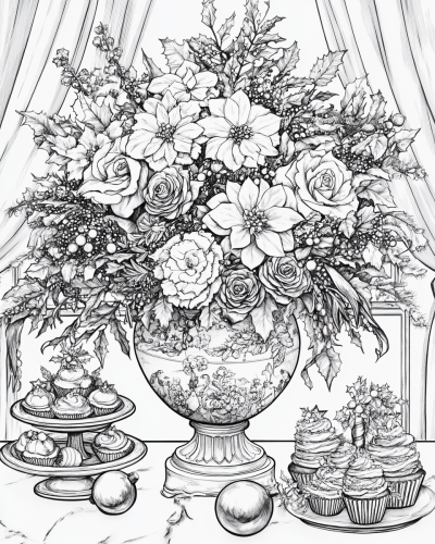 Giant Christmas Flower Coloring Page with Desserts