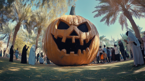 Giant Evil Pumpkin in Dubai Park with People