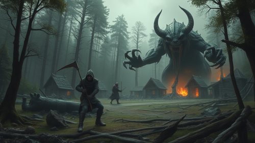 Giant Goblins Destroying Settlement Amidst Dark Woods