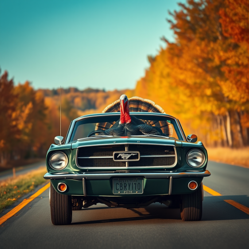 Giant Turkey Driving Ford Mustang on Autumn Road