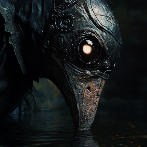 Giant creature with mask peering at dark water