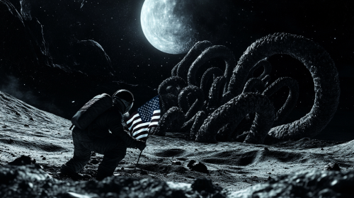 Giant tentacles lurk behind man planting flag on moon.