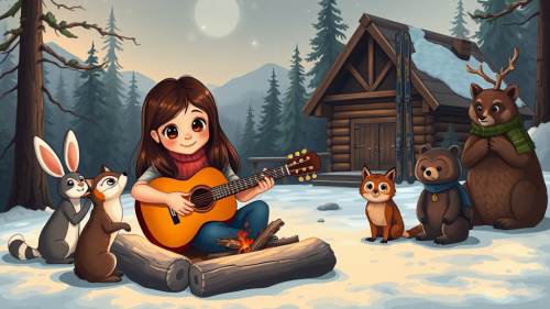 Girl Playing Guitar for Woodland Friends in Winter