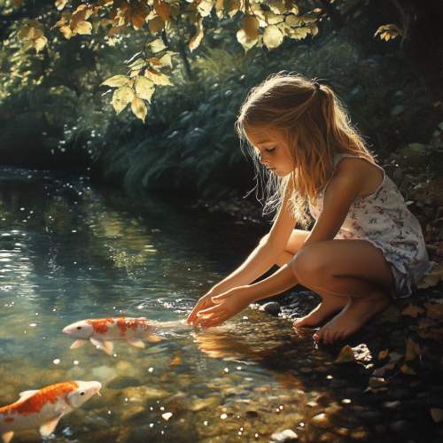 Girl Reaching for Koi Fish near River under Oaktree