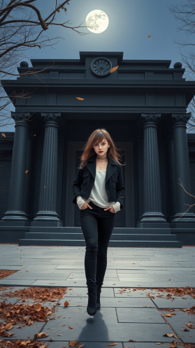 Girl at Dark Temple's Entrance Under Moonlight