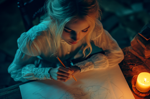 Girl drawing peacefully at night by candlelight
