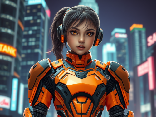 Girl in Futuristic Armor Before Neon Cityscape