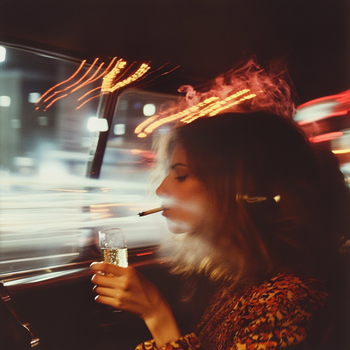 Girl in fancy clothes in London cab at night
