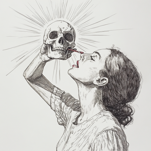 Girl paints lipstick on skull in sun rays.