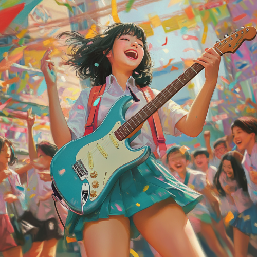 Girl plays electric guitar at lively Japanese festival