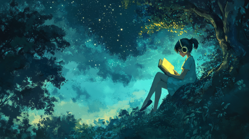 Girl reads book in magic forest at night.