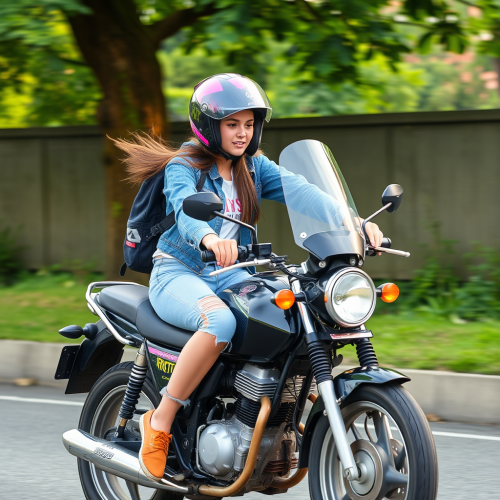 Girl riding on a motorbike in a city.