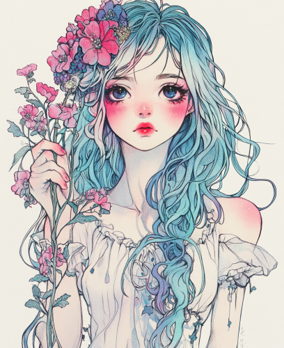 Girl with blue and pink hair holding flowers drawn.