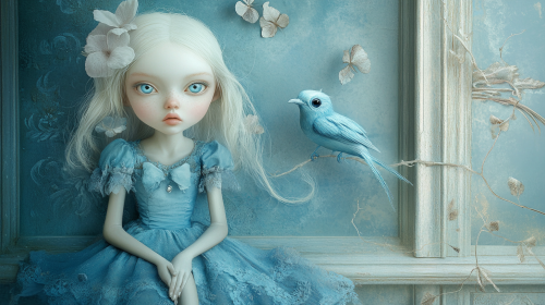 Girl with blue eyes, slender legs, enchanting realms attire.