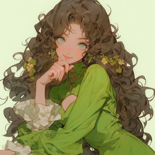 Girl with green tones, long hair, fair skin, green eyes.