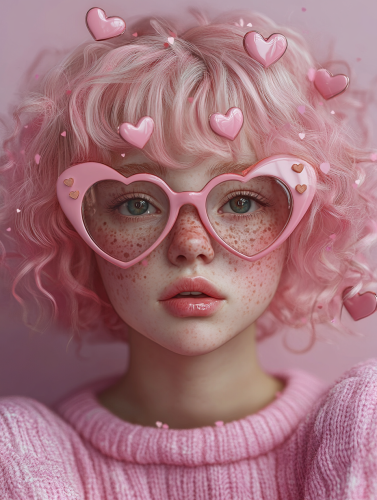 Girl with pink curly hair, heart glasses, soft face. Girl with pink curly hair, heart glasses, soft face.