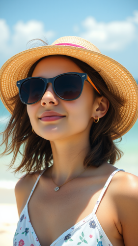 Girl with sunglasses relaxes on the beach.