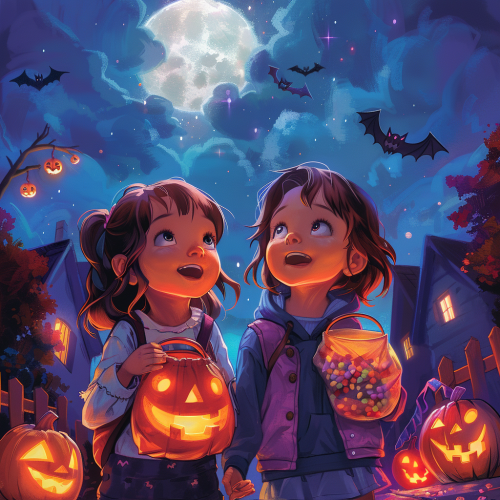 Girls Yawning After Halloween Trick-or-Treating Walk Home