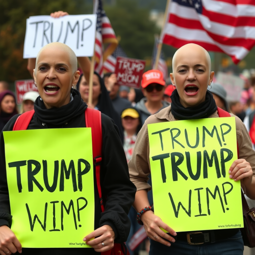 Girls protest Trump with bald heads.