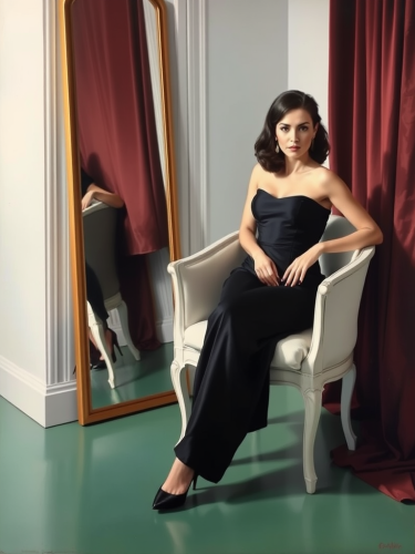 Glamorous Woman in Black Dress on White Chair