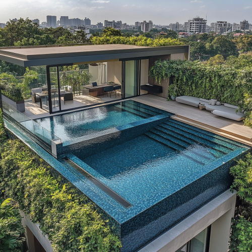 Glass Study Room Next to L-shaped Rooftop Pool