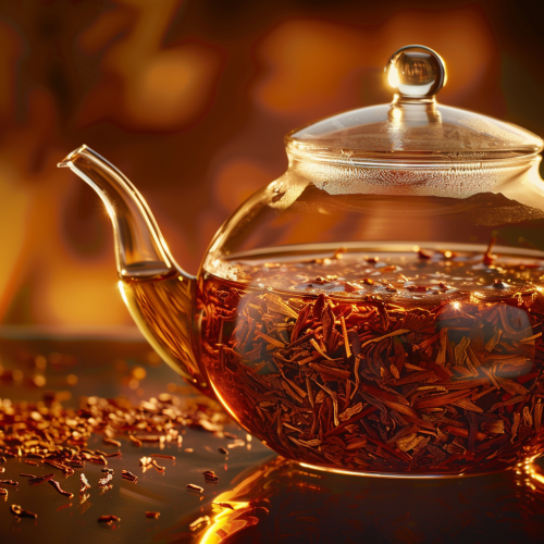 Glass Teapot with Rooibos Tea and Warm Lighting