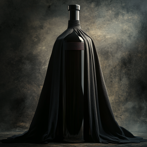 Glass bottle wearing vampire cape under dim light