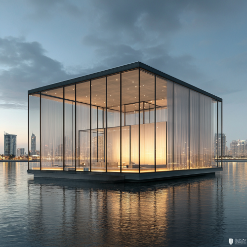Glass box building in Dubai Creek at nighttime