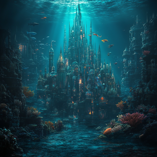 Glass city under sea, central castle made of coral.