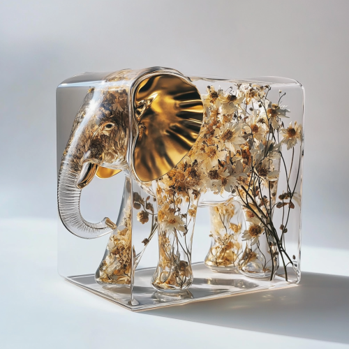 Glass cubic elephant with flowers and twigs design