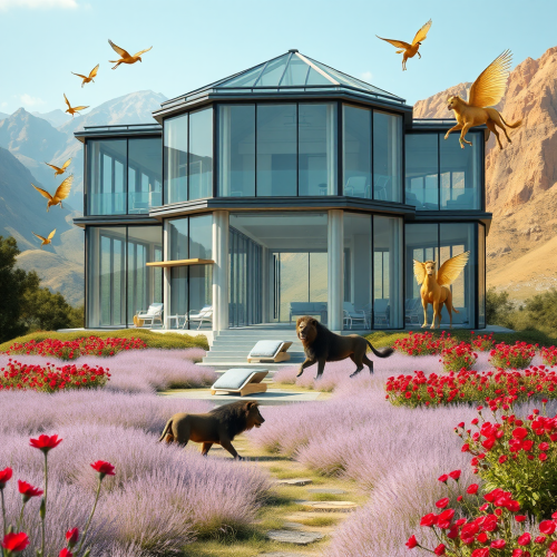 Glass house with fairy gardens and majestic lions