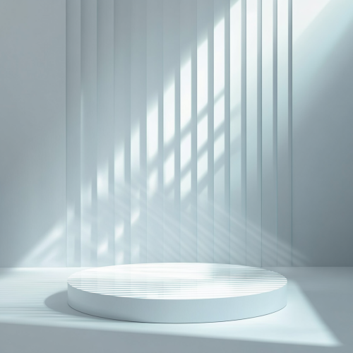 Glass podium with prismatic lighting on grey background