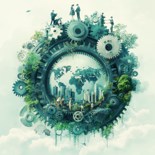 Global Collaboration with Gears and People Illustration Global Collaboration with Gears and People Illustration