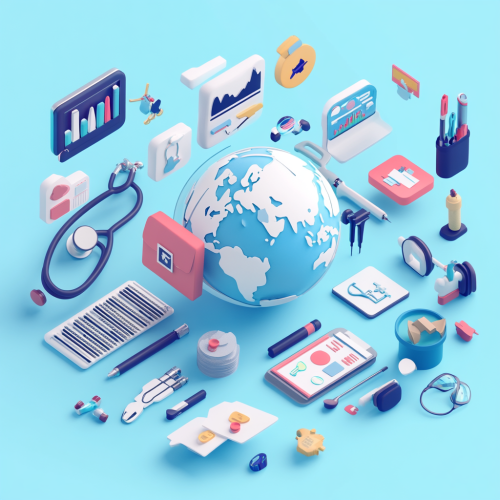 Globe with icons of briefcase, stethoscope, computer, and tools.