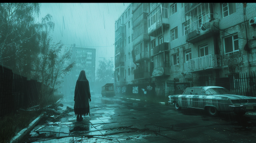 Gloomy Russian courtyard with ghostly figure